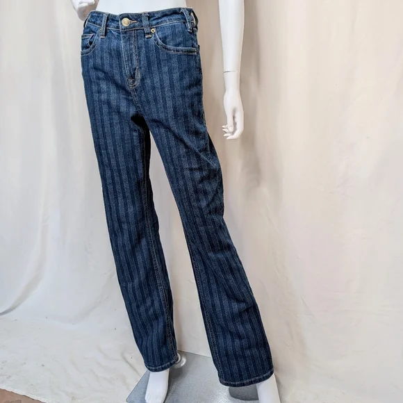 Dark Blue Striped Denim High Rise Bootcut Jeans - Picture 7 of 13